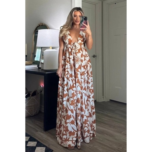 Aakaa Floral Maxi Dress Women Sz S Reddish Brown & White Summer - Picture 13 of 14
